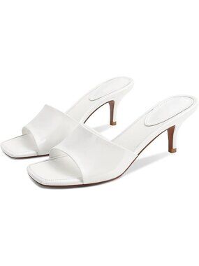 Women's White Kitten Heel Sandals Stiletto Low Heels Slip On Slides Mule Sandal